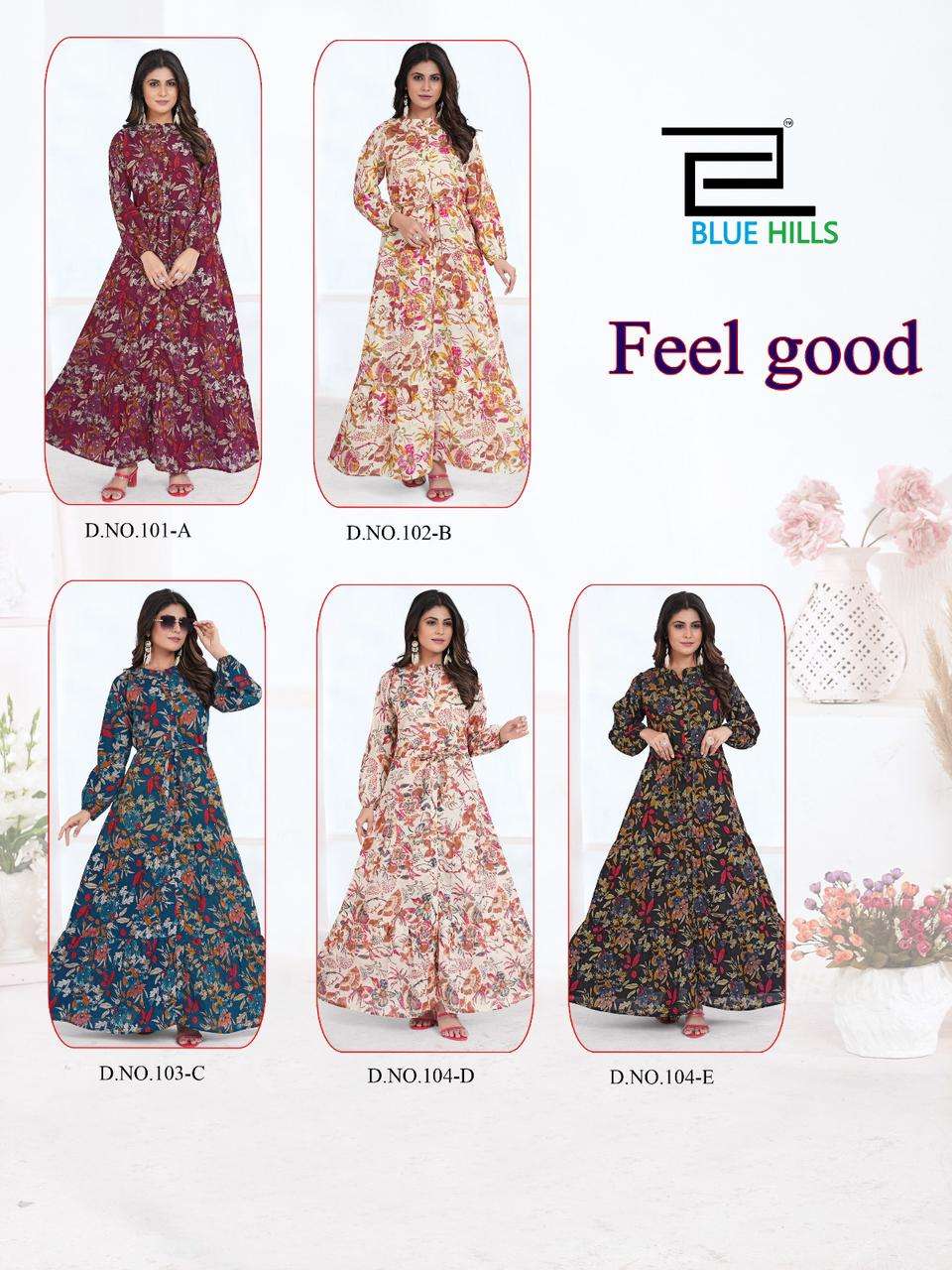 bluehills feel good 101-104 colour series designer floor length gown kurti wholesaler surat gujarat