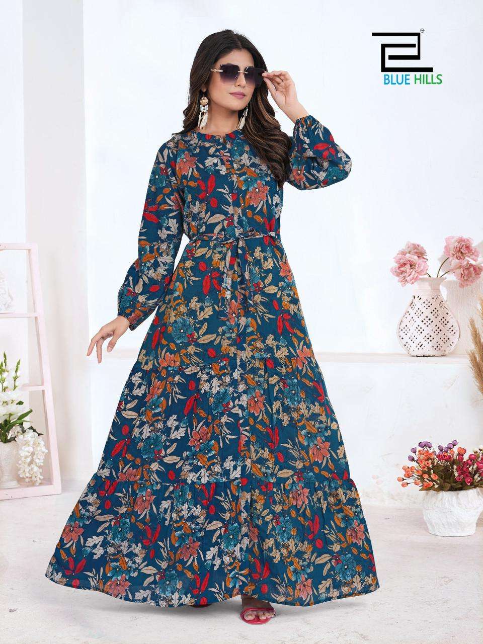 bluehills feel good 101-104 colour series designer floor length gown kurti wholesaler surat gujarat