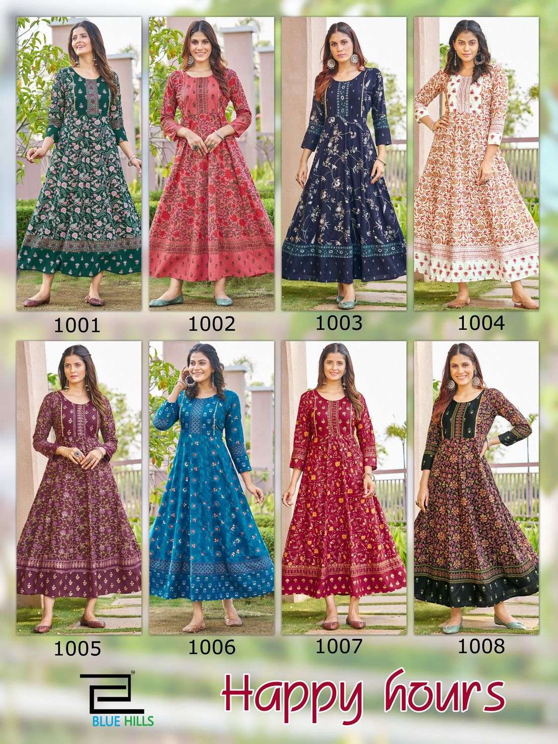 bluehills happy hours 1001-1008 series designer floor length gown kurti wholesaler surat