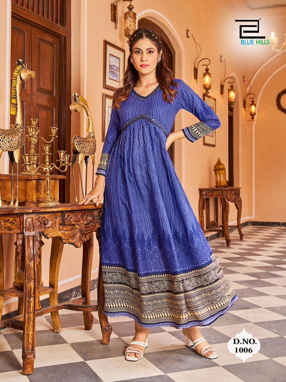 bluehills monaco 1001-1006 series designer latest gown kurti wholesaler surat gujarat