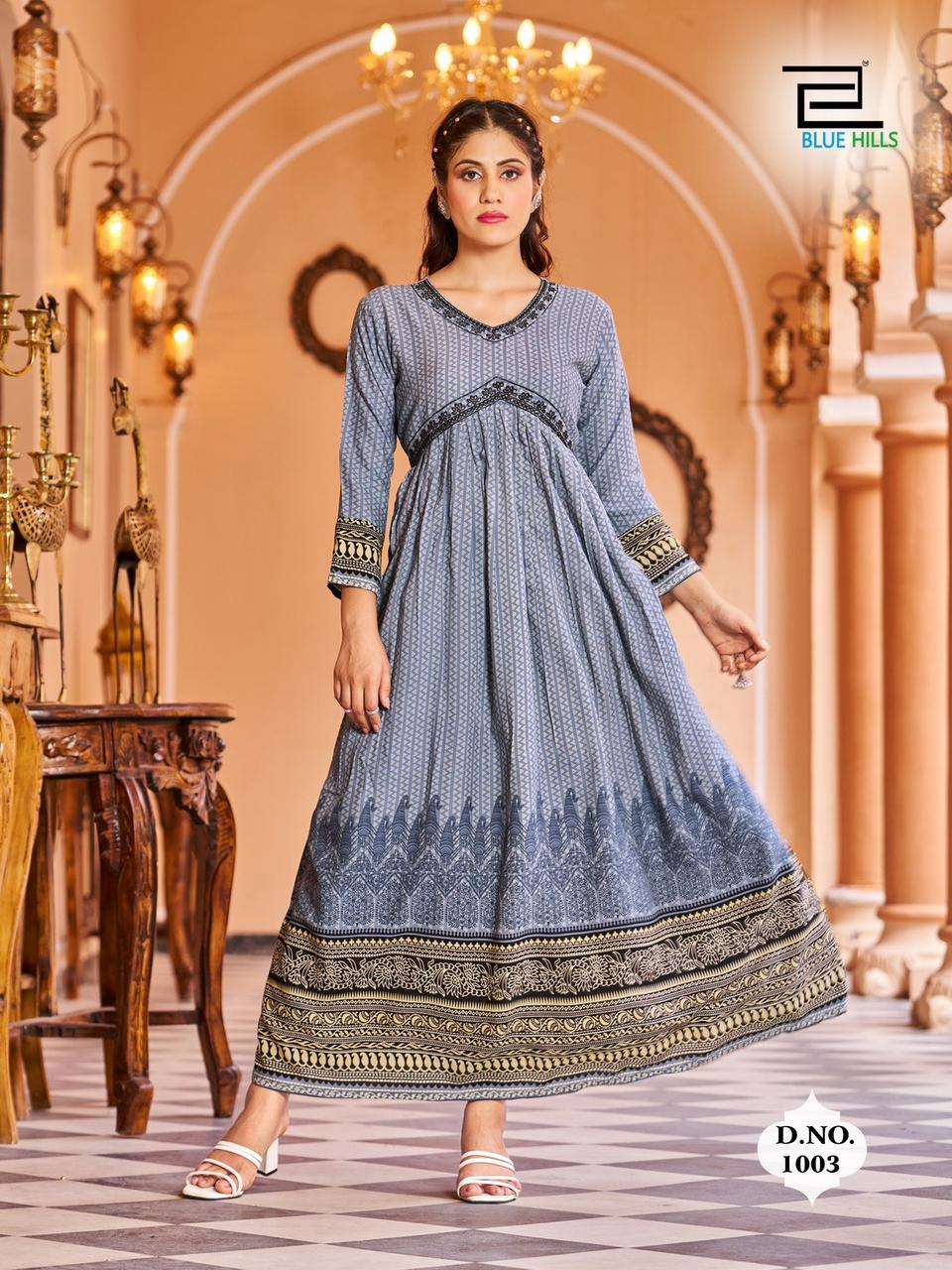 bluehills monaco 1001-1006 series designer latest gown kurti wholesaler surat gujarat