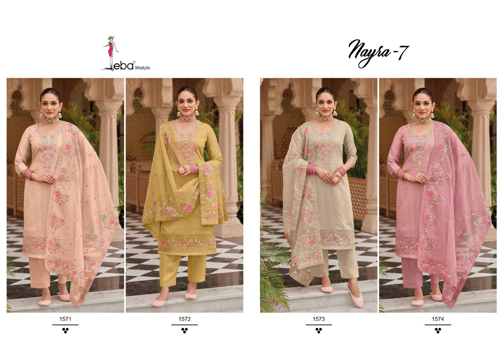eba lifestyle nyra vol-7 1571-1574 series latest designer salwar kameez wholesaler surat gujarat