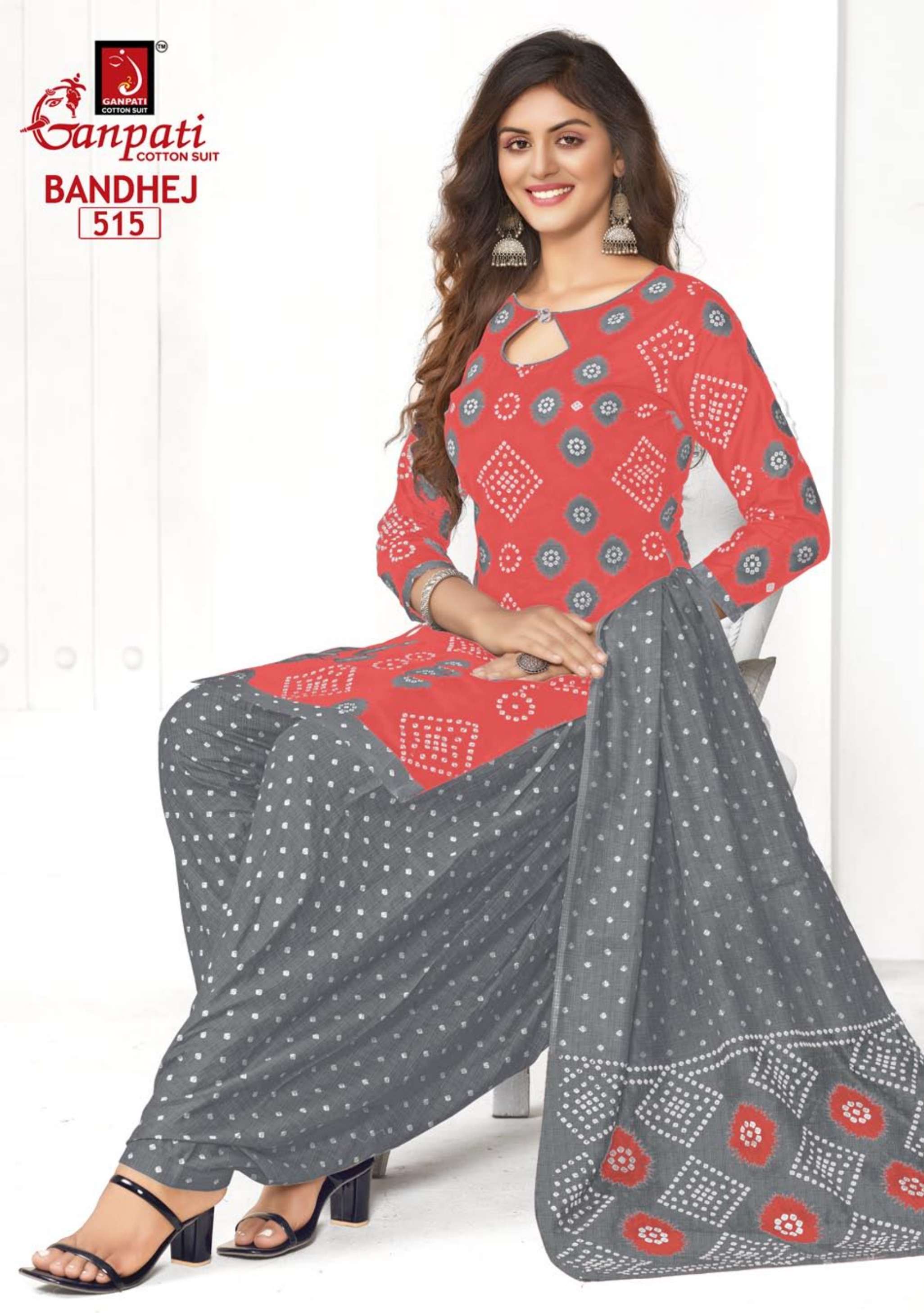 ganpati cotton suits bandhej vol-5 501-515 series patiyala cotton salwar kameez wholesaler surat gujarat