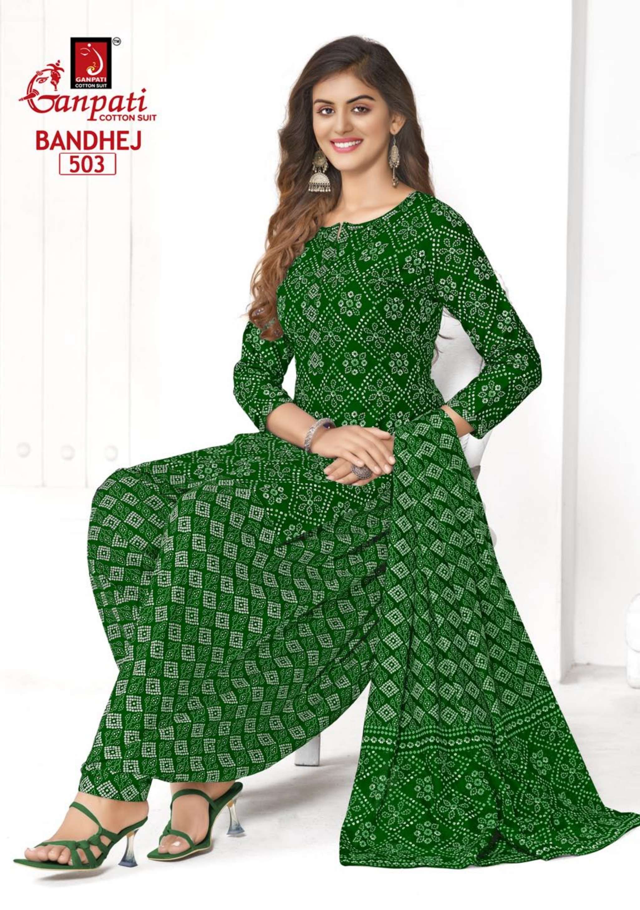 ganpati cotton suits bandhej vol-5 501-515 series patiyala cotton salwar kameez wholesaler surat gujarat