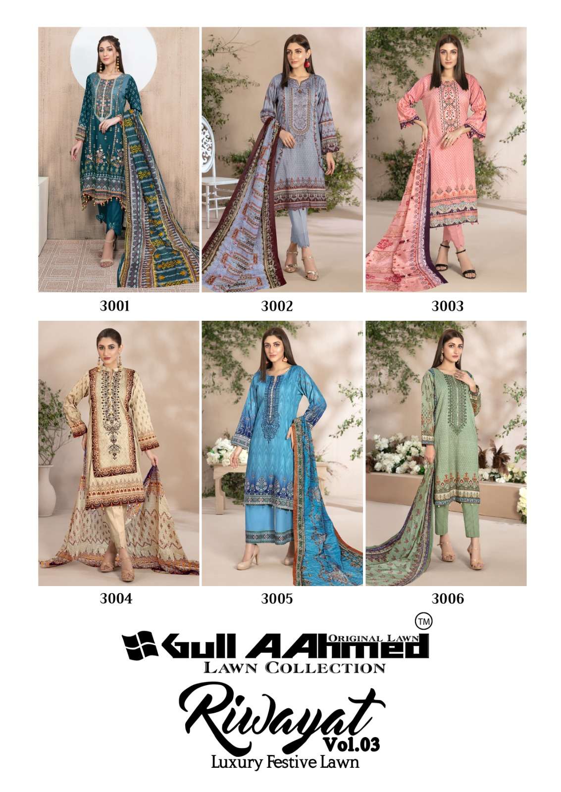 gullahmed riwayat luxury festive lawn-3 3001-3006 series latest pakistani salwar kameez wholesaler surat