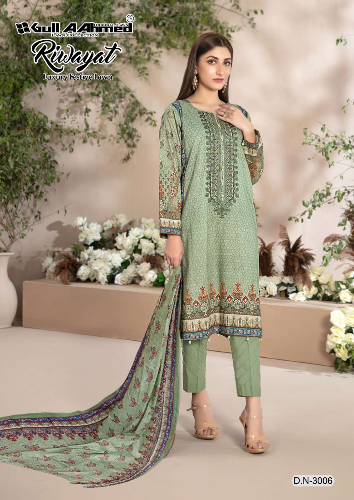 gullahmed riwayat luxury festive lawn-3 3001-3006 series latest pakistani salwar kameez wholesaler surat