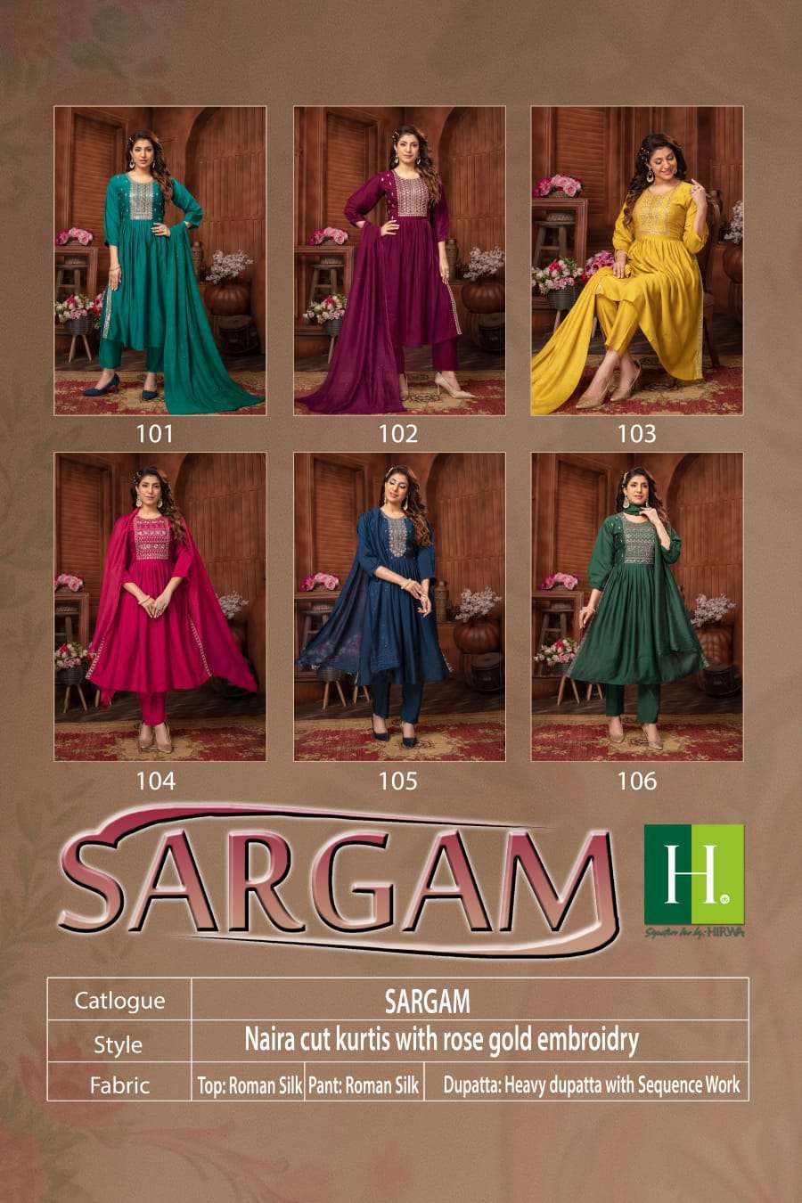 hirwa sargam 101-106 series latest nayra cut kurti set wholesaler surat gujarat