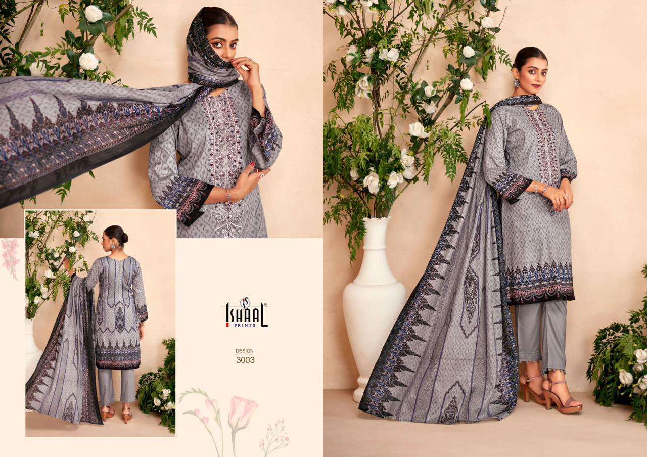 ishaal prints embroidered lawn vol-3 3001-3010 series pure lawn salwar suits collection wholesale price surat