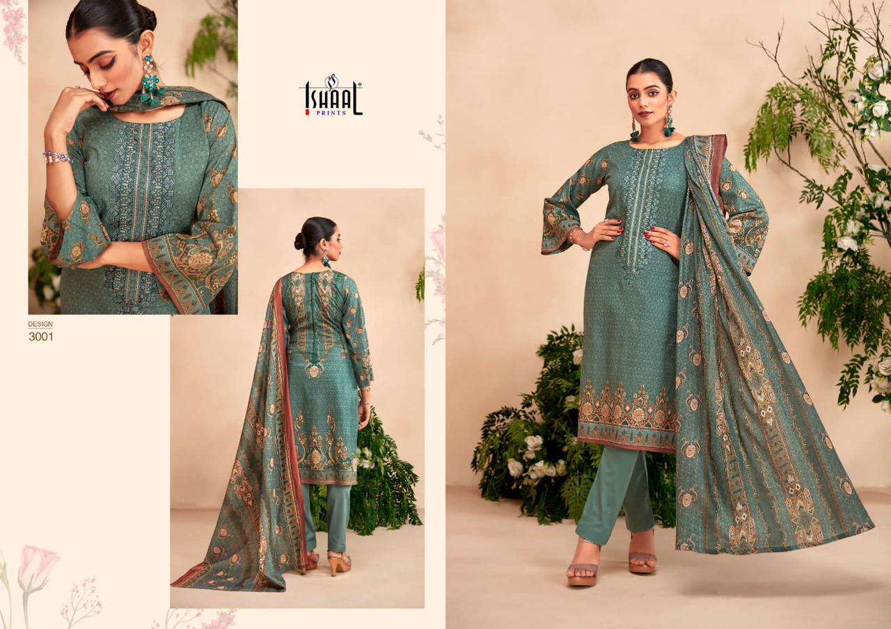 ishaal prints embroidered lawn vol-3 3001-3010 series pure lawn salwar suits collection wholesale price surat