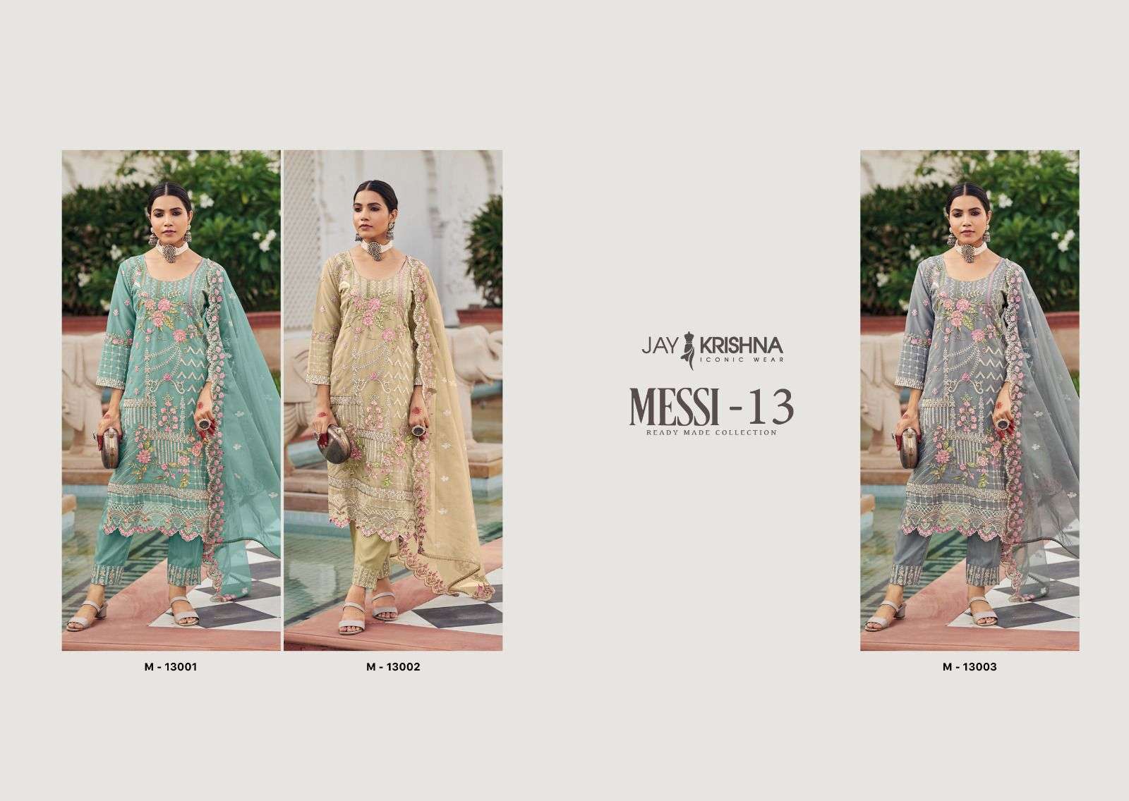 jay krishna messi vol-13 13001-13003 series designer readymade salwar kameez wholesaler surat
