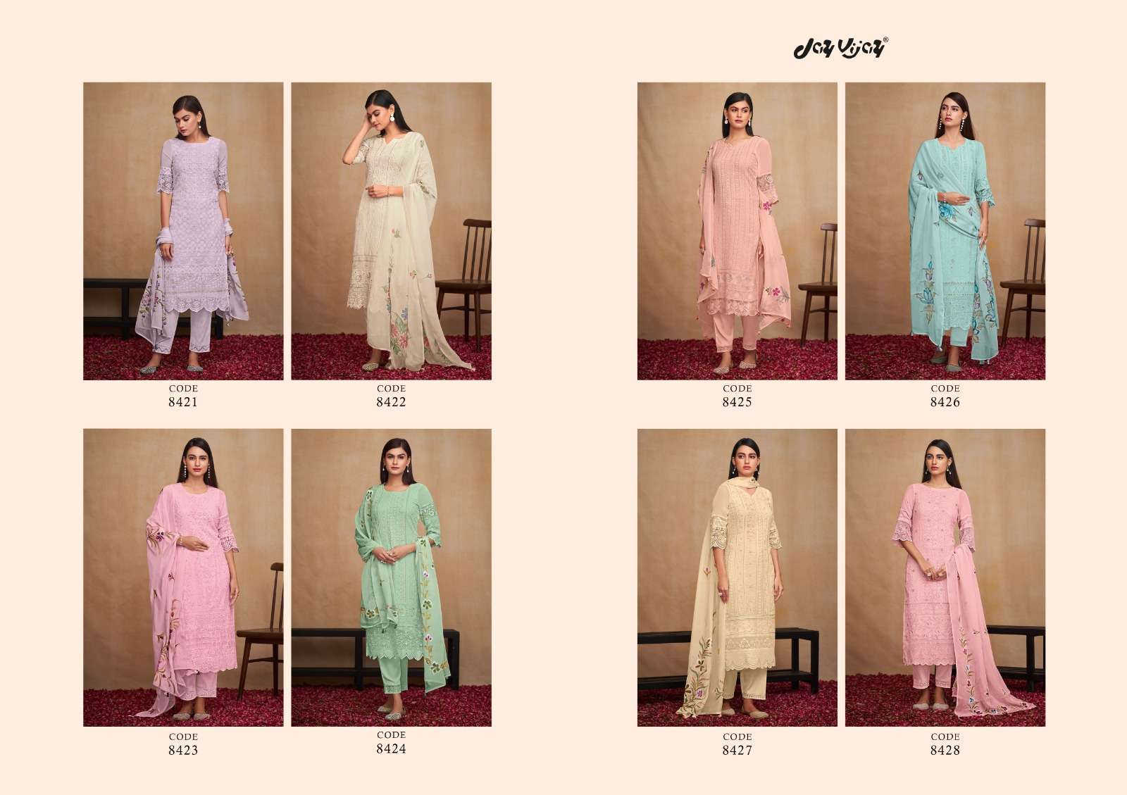 jayvijay saura 8421-8428 series latest festival wear salwar kameez wholesaler surat gujarat