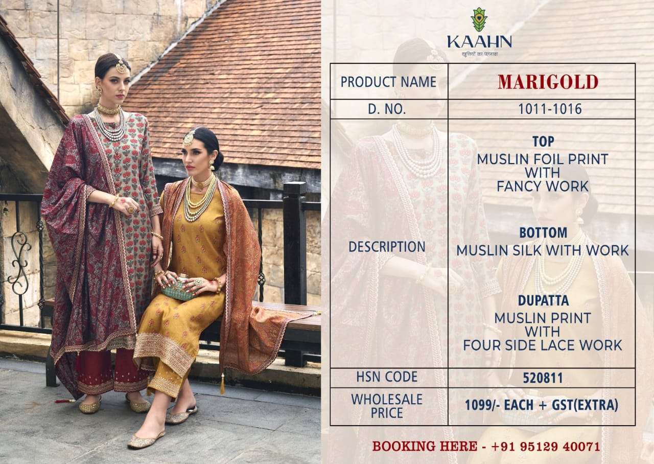 kaahn marigold 1011-1016 series designer party wear salwar kameez wholesaler surat gujarat