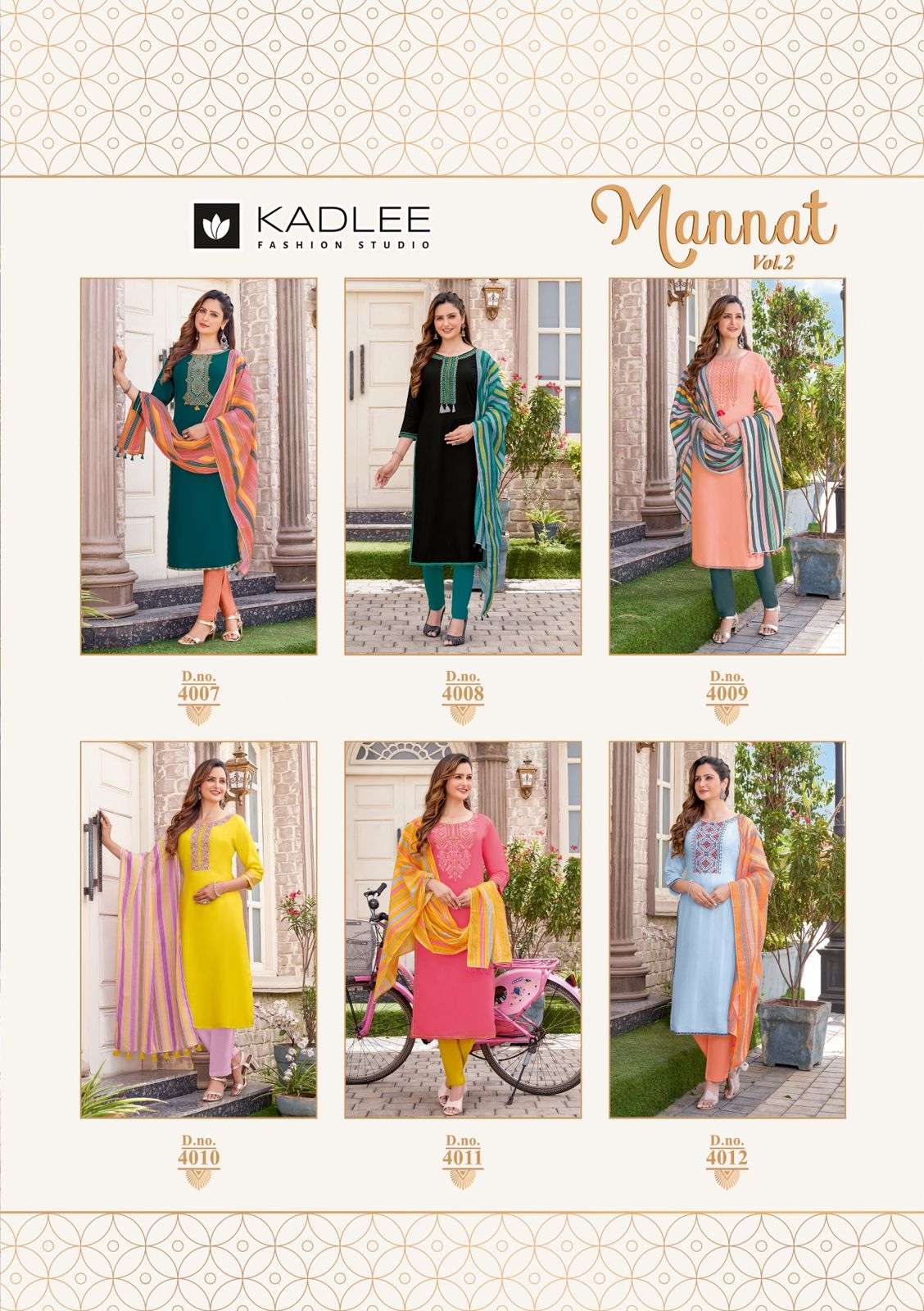 kadlee mannat vol-2 4007-4012 series pure rayon kurti set wholesaler surat gujarat