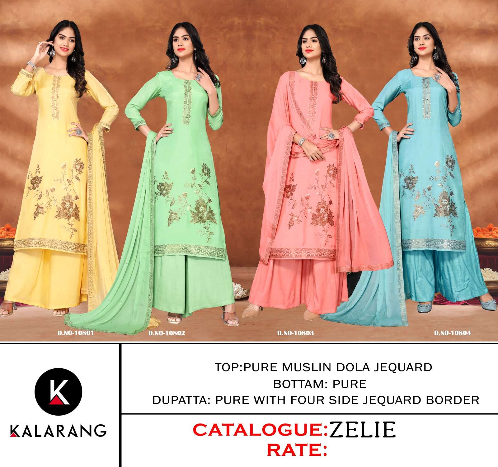 kalarang zelie 10801-10804 series designer party wear salwar kameez wholesaler surat gujarat