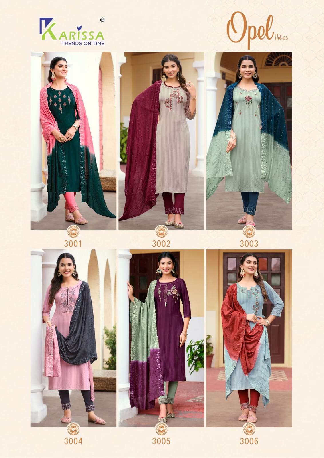 karissa opel vol-3 3001-3006 series designer party wear kurti set wholesaler surat gujarat