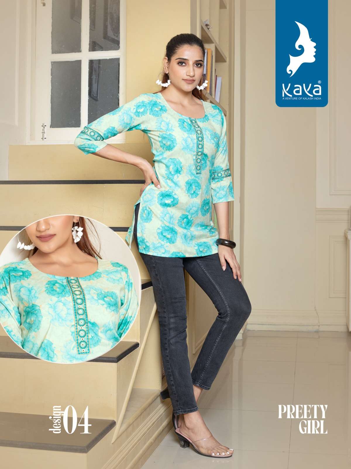 kaya preety girl 01-08 seriesrayon printed party wear short top wholesaler surat