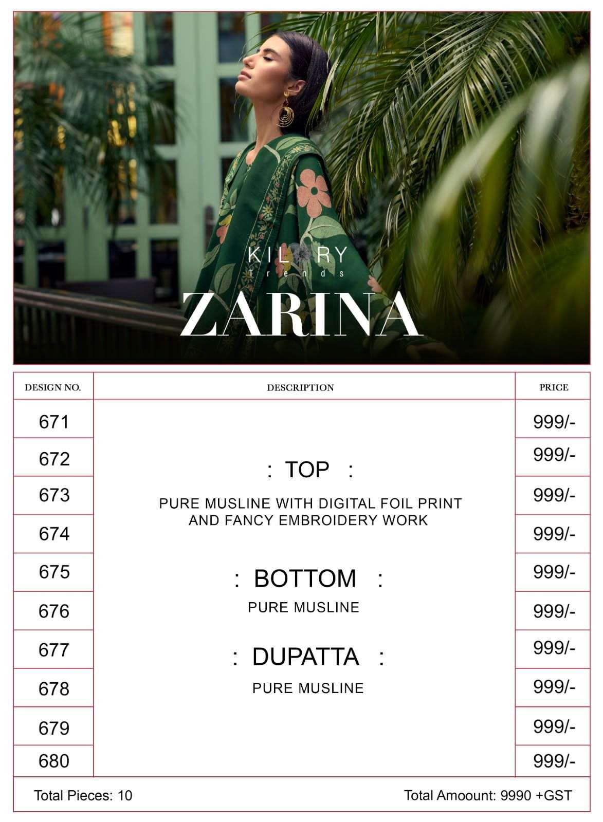 kilory zarina 671-680 series designer muslin pakistani suit at wholesale price surat gujarat
