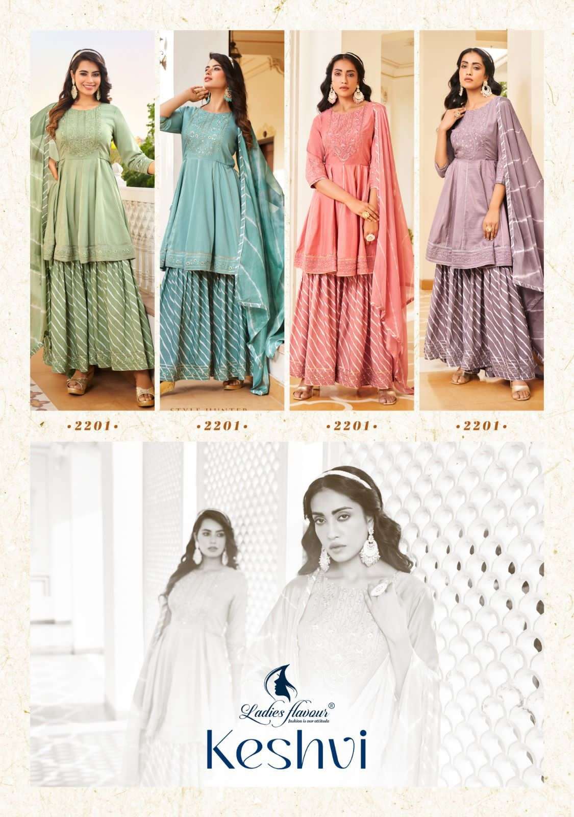 ladies flavour keshvi 2201 colour series designer sharara kurti wholesaler surat gujarat