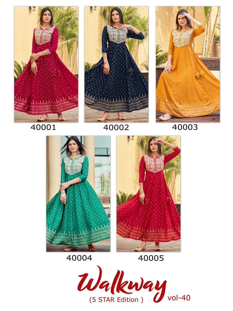  maa gurujee walkway vol-40 40001-40005 series floor legth gown at wholesale price surat gujarat