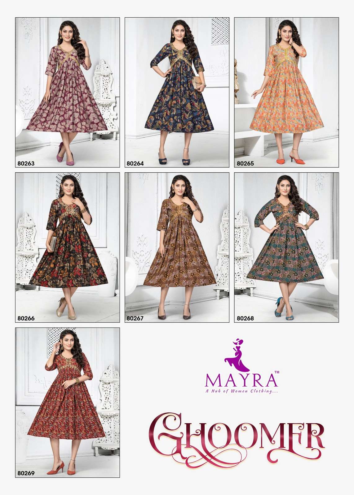 mayra ghoomer 80263-80269 series designer latest short kurti wholesaler surat gujarat