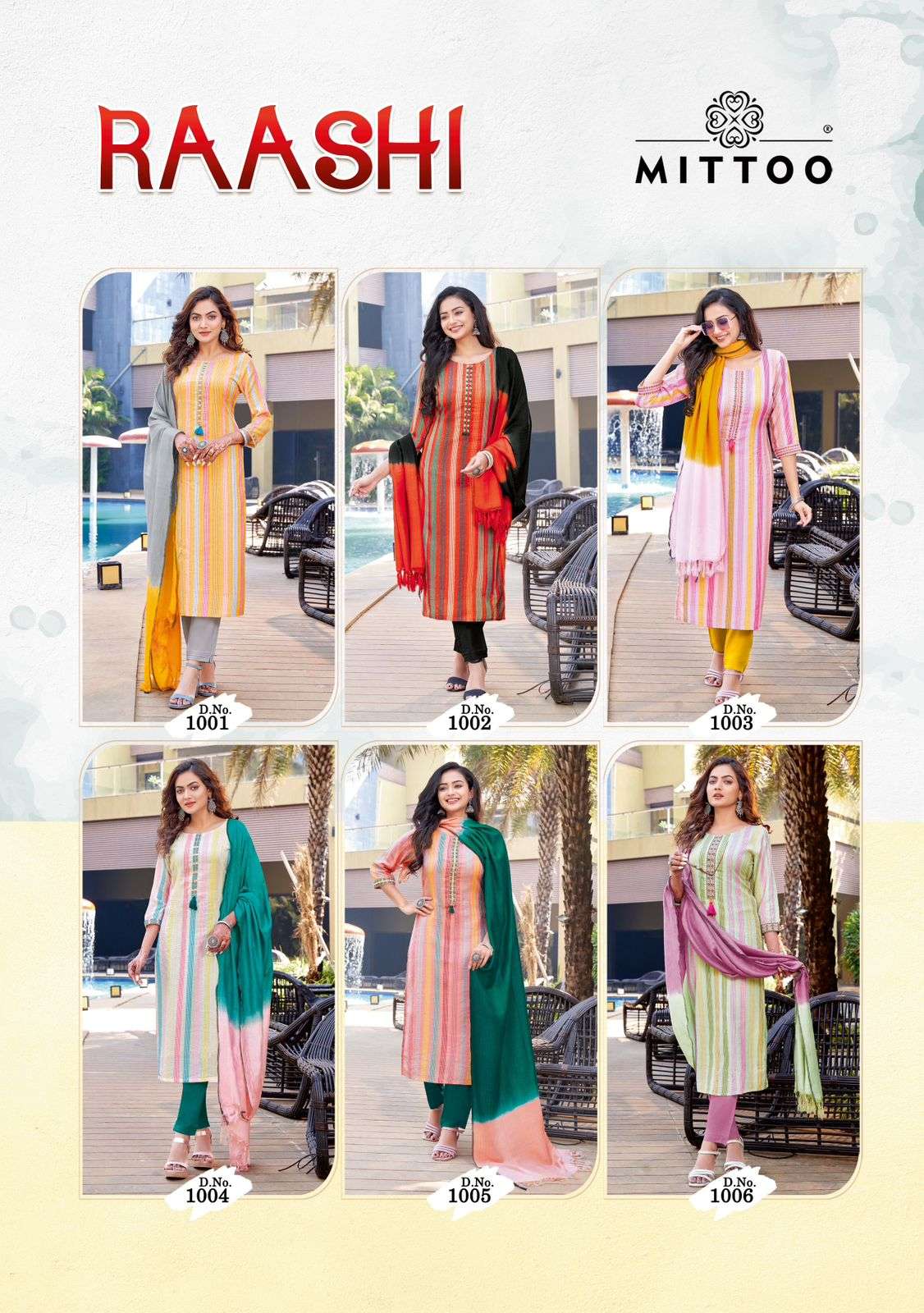 mittoo raashi 1001-1006 series designer fancy party wear kurti dupatta pant set wholesaler surat