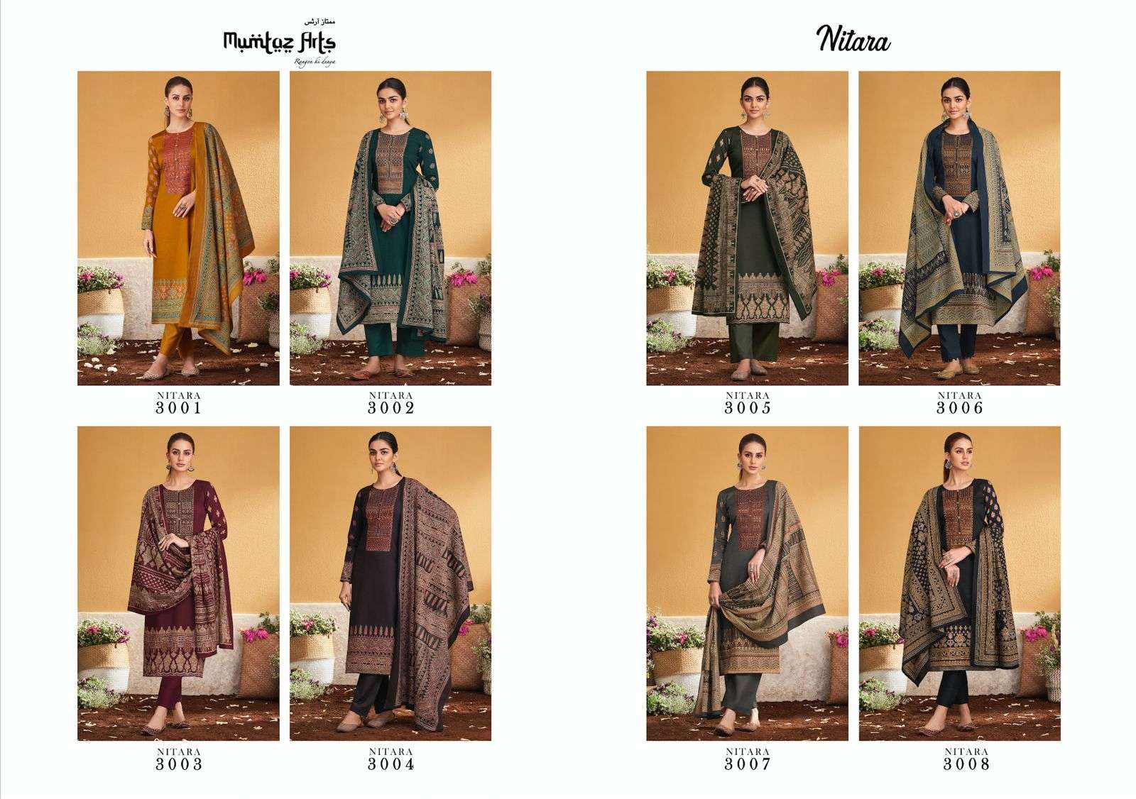 mumtaz arts nitara 3001-3008 series designer pakistani salwar kameez wholesaler surat gujarat