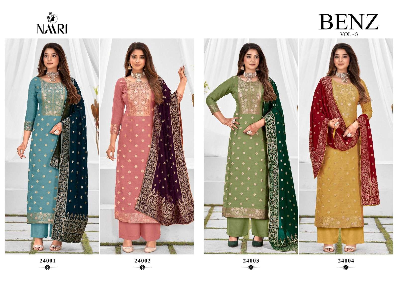 naari benz vol-3 24001-24004 series designer partywear latest salwar kameez wholesaler surat gujarat