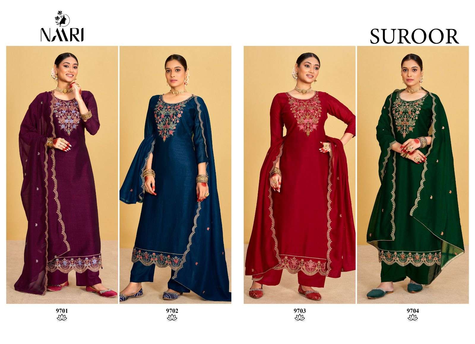 naari suroor 9701-9704 series latest partywear salwar kameez wholesaler surat gujarat