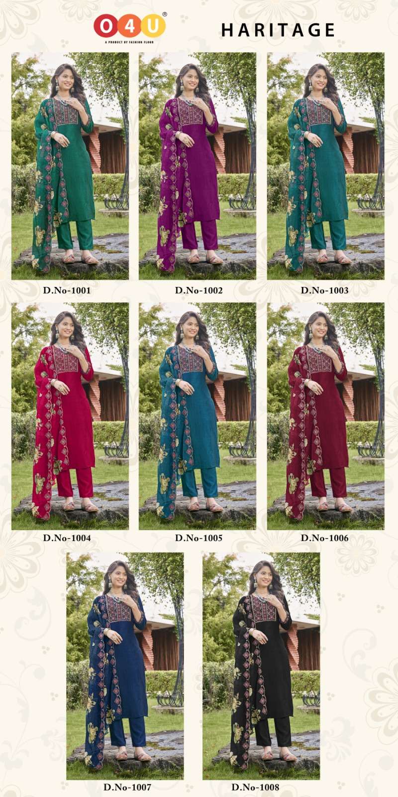 o4u heritage 1001-1008 series designer fancy kurti pant dupatta set at wholesale price surat gujarat
