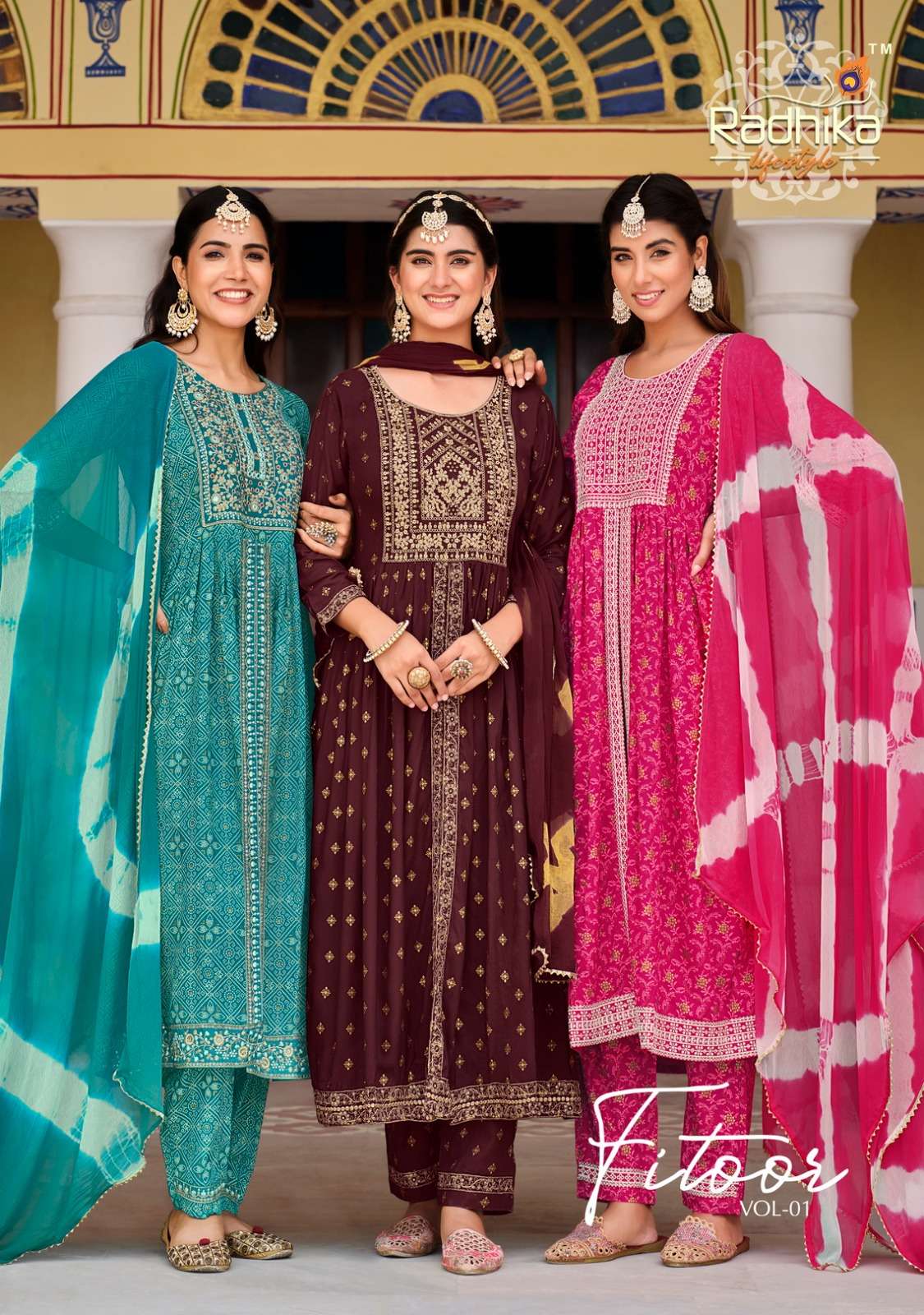radhika fitoor vol-1 1001-1007 series designer nayra cut wedding wear kurti set wholesaler surat