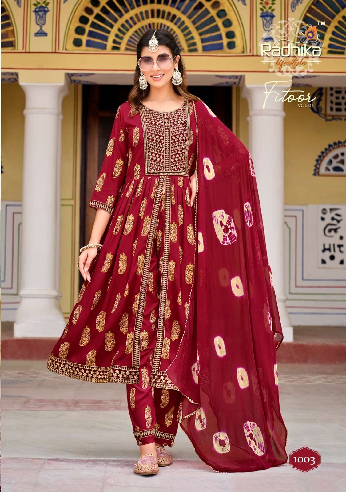 radhika fitoor vol-1 1001-1007 series designer nayra cut wedding wear kurti set wholesaler surat