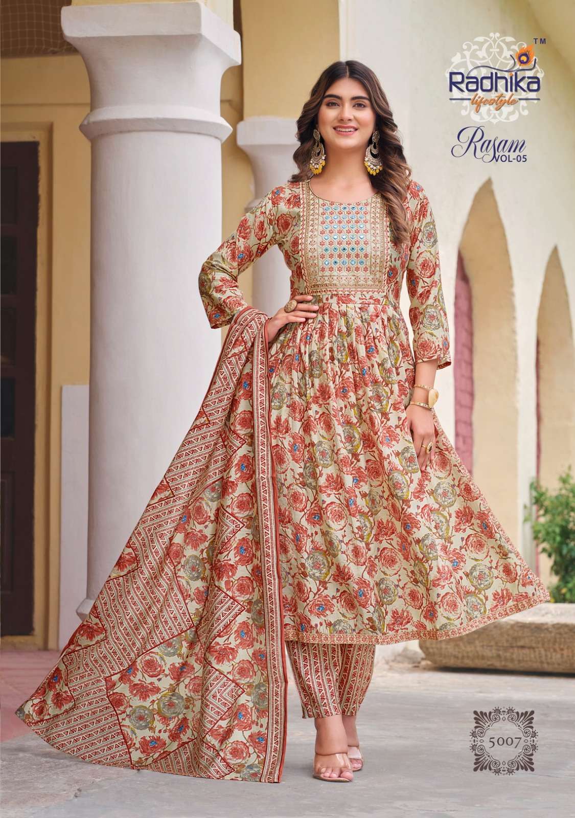 radhika life style rasam vol 5 5001-5008 series designer modal muslin nayra cut catalogue price wholesaler 