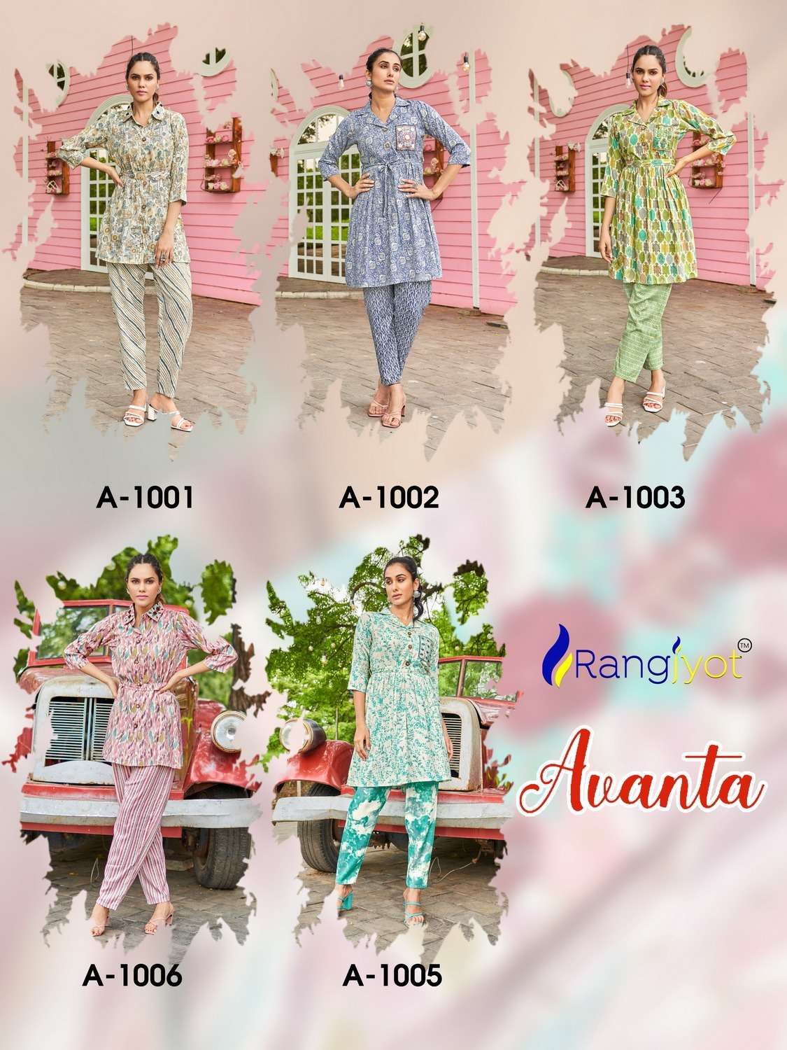 rangjyot avanta vol-1 1001-1005 series designer fancy top and pant set wholesaler surat gujarat