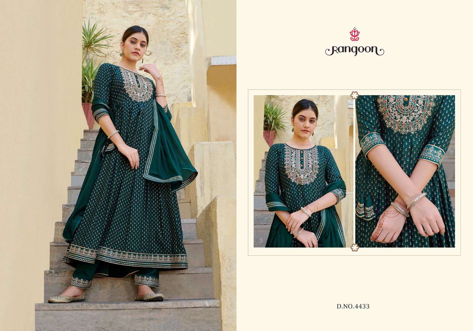 rangoon jilmil 4431-4434 series designer wedding wear pakistani salwar suit wholesaler surat