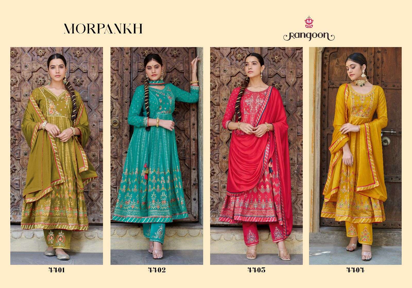 rangoon morpankh 4401-4404 series designer fancy party wear kurti set wholesaler surat