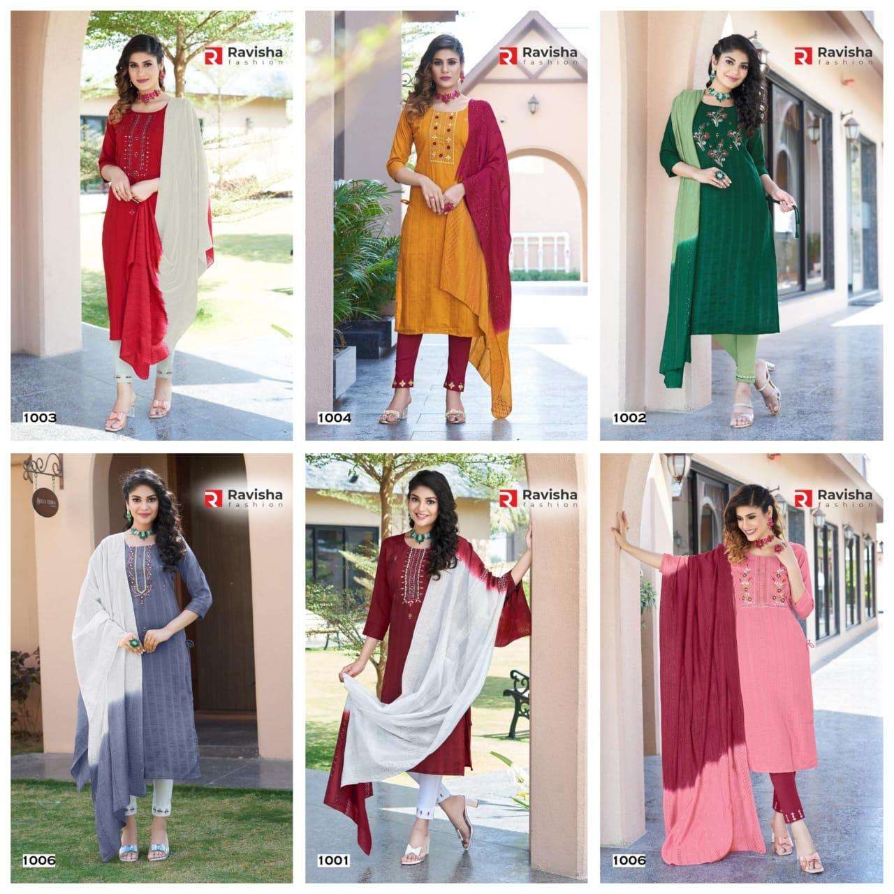 ravisha aastha 1001-1006 series latest designer kurti set wholesaler surat gujarat