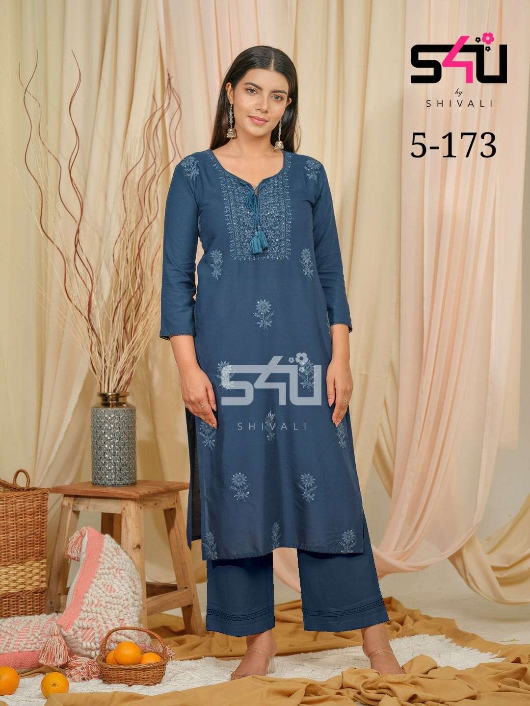 s4u shivali 5-173 design party wear navy blue kurti pant wholesaler surat