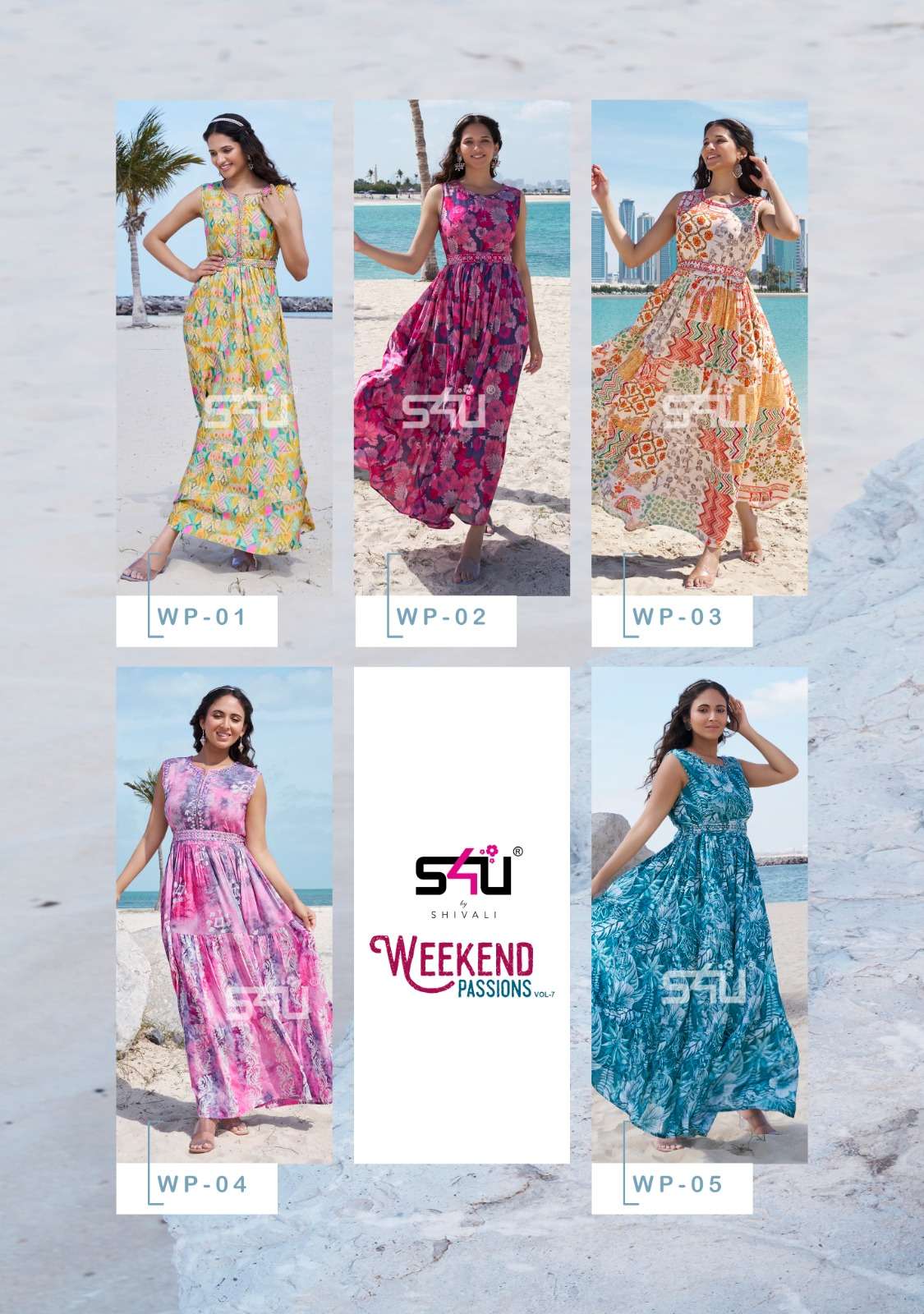 s4u weekend passion vol-7 01-05 series rayon long designer printed gown collection surat gujarat