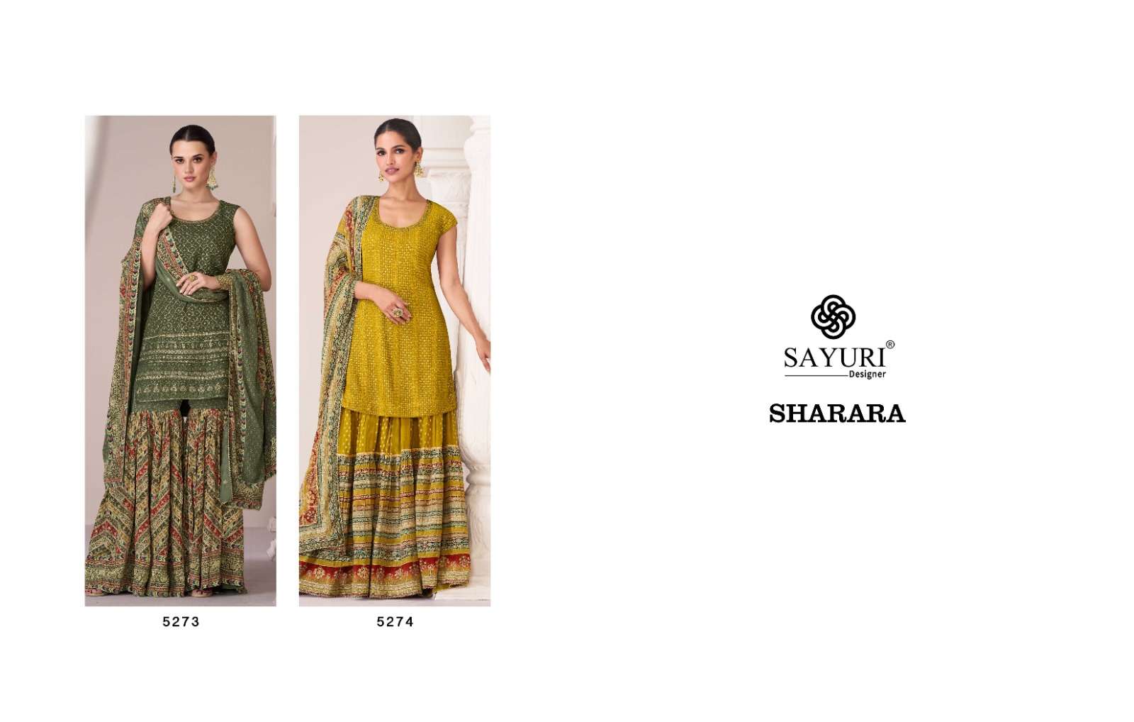sayuri designer  sharara 5273-5274 series latest wedding wear sharara salwar kameez wholesaler surat gujarat