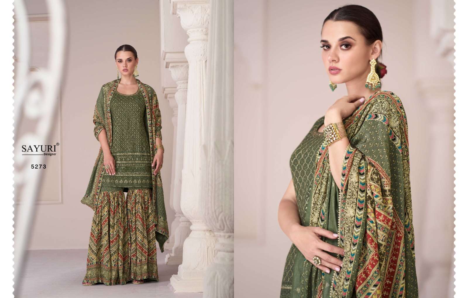 sayuri designer  sharara 5273-5274 series latest wedding wear sharara salwar kameez wholesaler surat gujarat