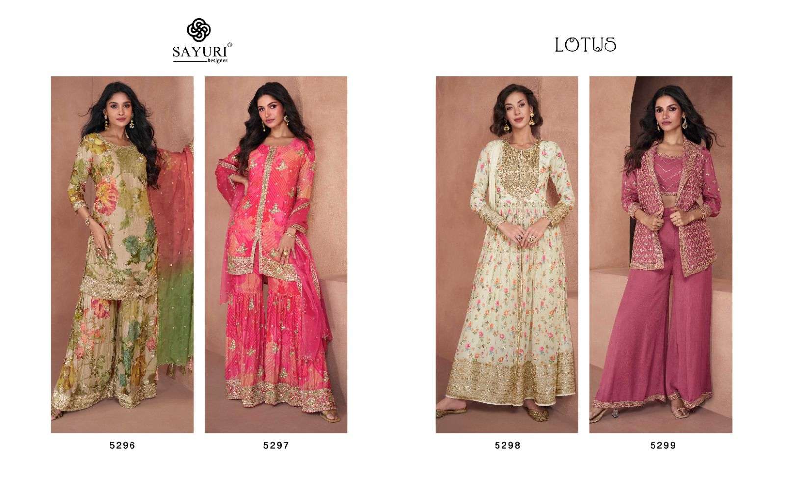 sayuri lotus 5296-5299 series latest fancy partywear readymade salwar suit wholesaler surat gujarat