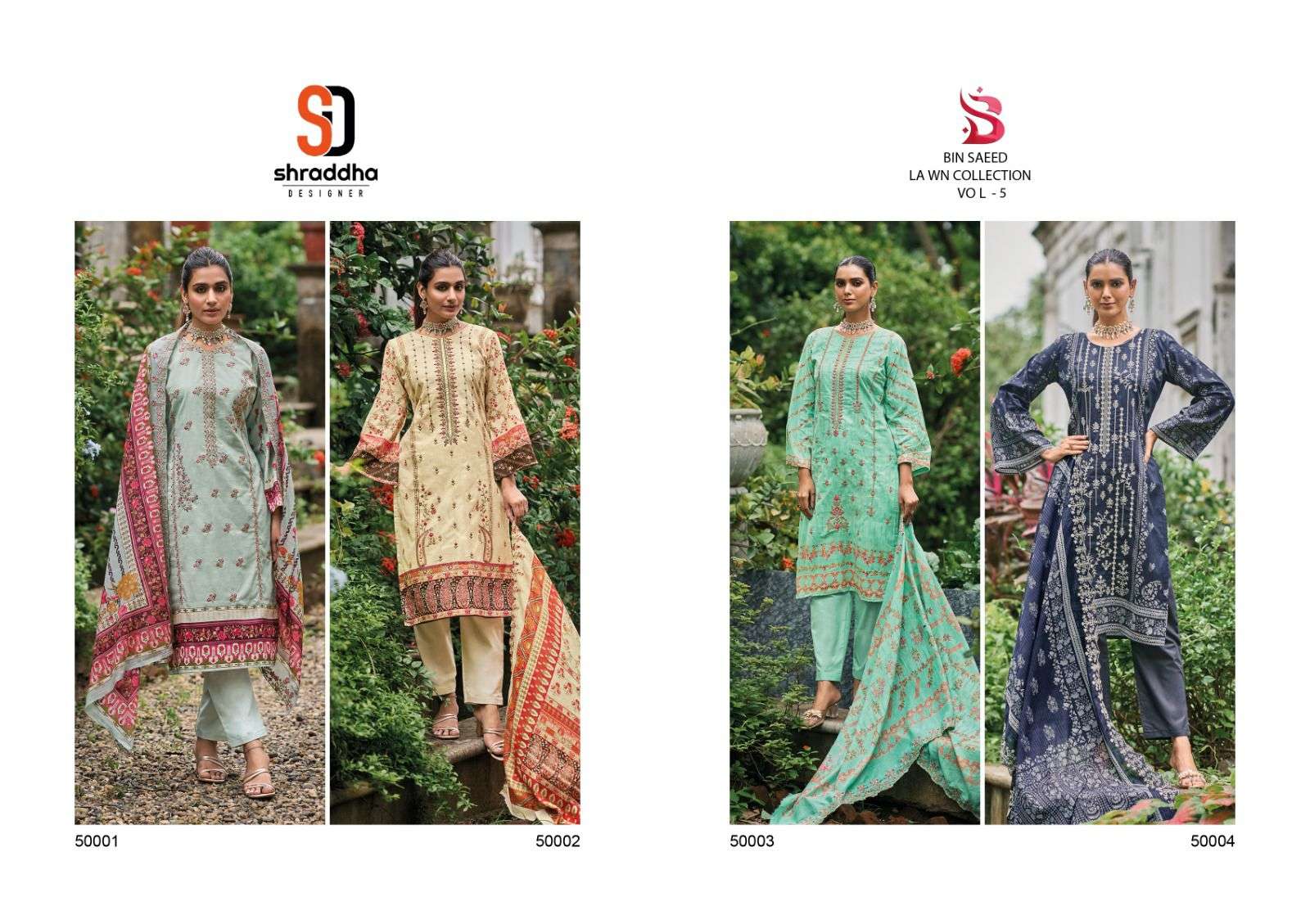 shraddha designer bin saeed vol-5 50001-50004 series latest pakistani salwar kameez wholesaler