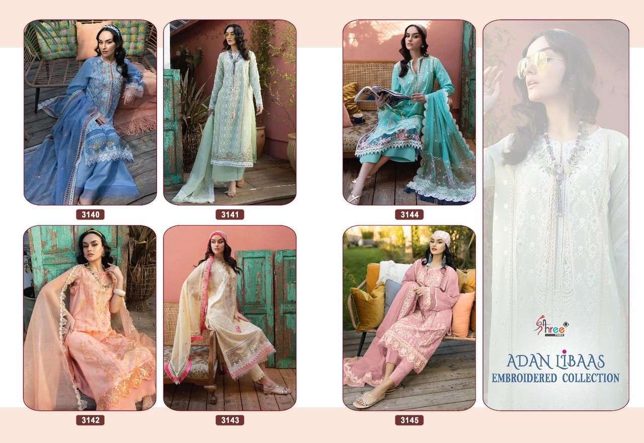 shree fab adan libas embroidered collection 3140-3145 series latest pakistani salwar kameez wholesaler surat gujarat