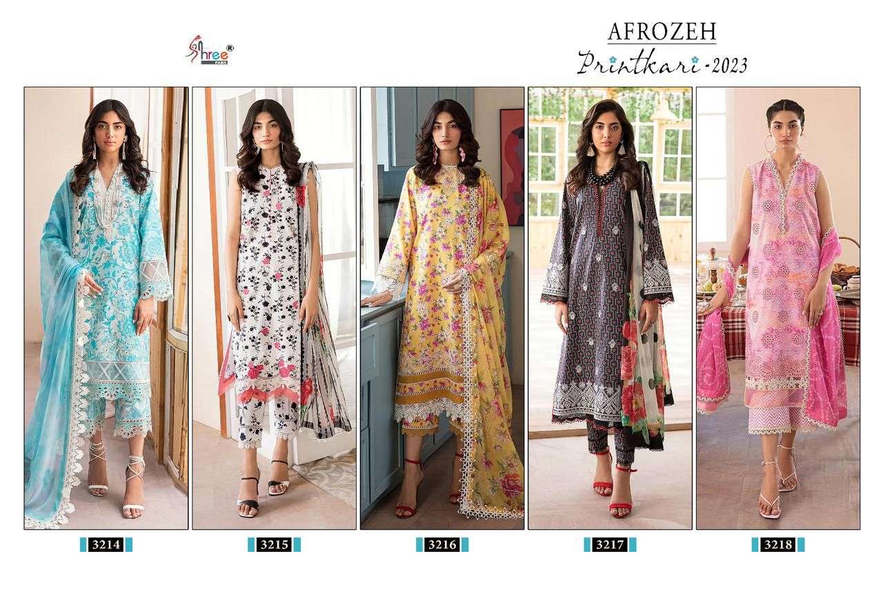 shree fab afrozeh printkari 2023 3214-3218 series designer fancy pakistani salwar kameez wholesaler surat