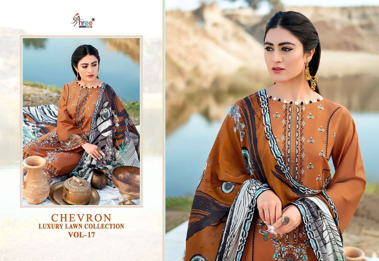 shree fab chevron luxury lawn collection vol-17 3166-3173 series designer pakistani salwar kameez wholesaler surat gujarat