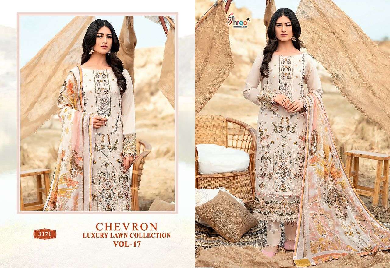 shree fab chevron luxury lawn collection vol-17 3166-3173 series designer pakistani salwar kameez wholesaler surat gujarat