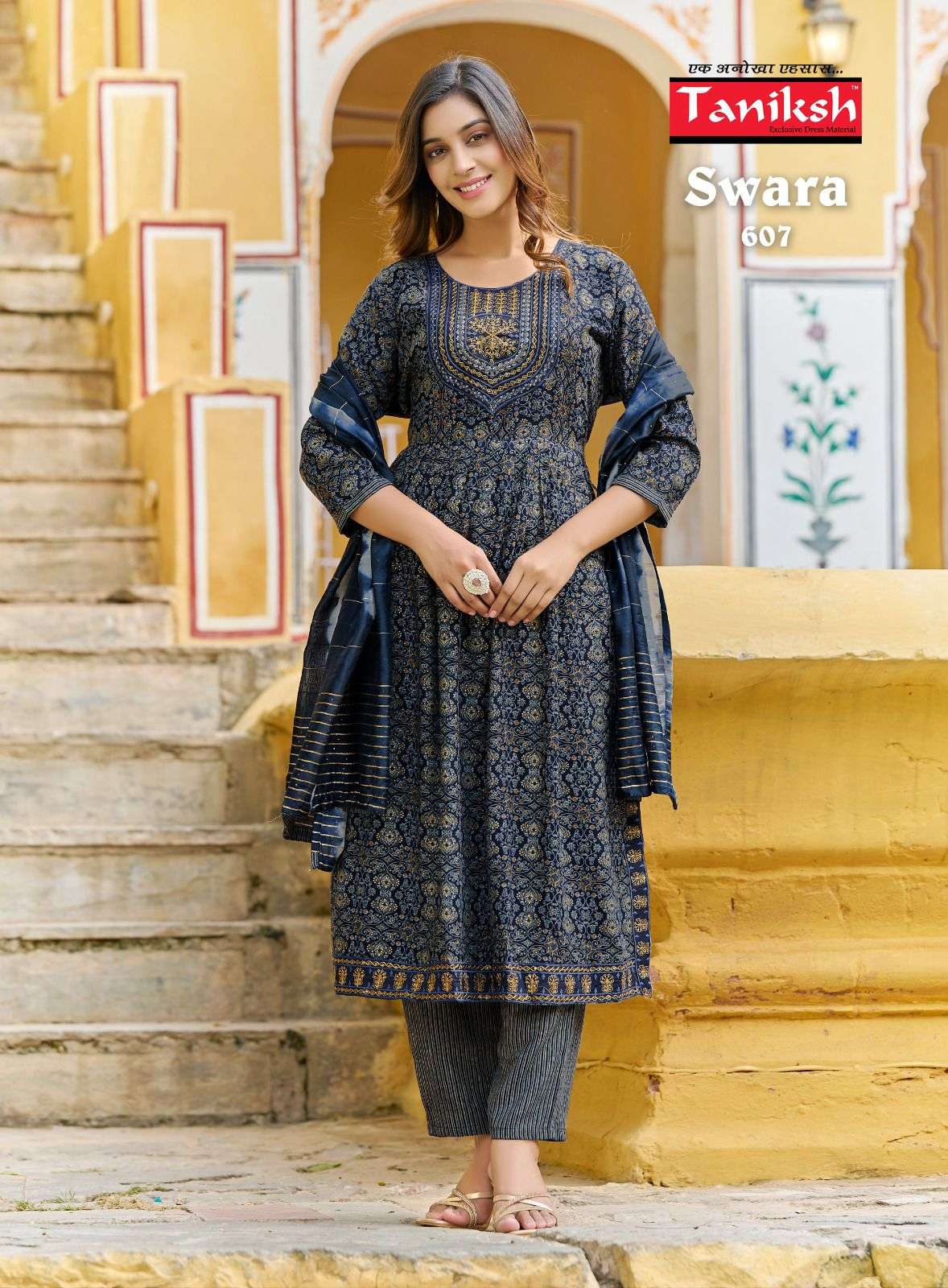 taniksh swara vol-6 601-608 series fancy designer nayra cut kurti with pant and dupatta wholesale price surat gujarat