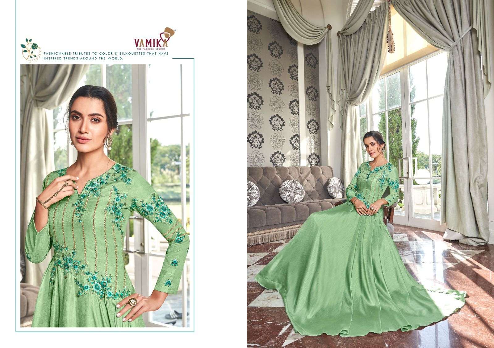 vamika kaseesh 8001-8008 series designer partywear special gown wholesaler surat gujarat