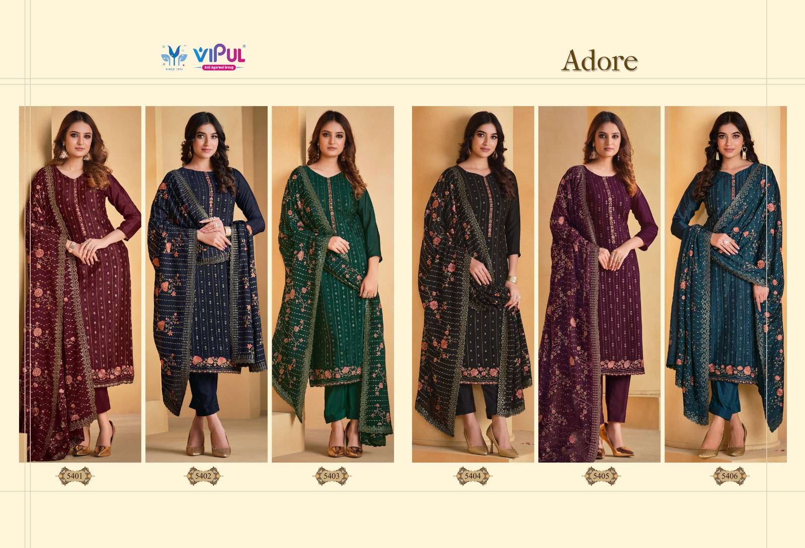 vipul fashion adore 5401-5406 series designer wedding salwar kameez wholesaler surat gujarat