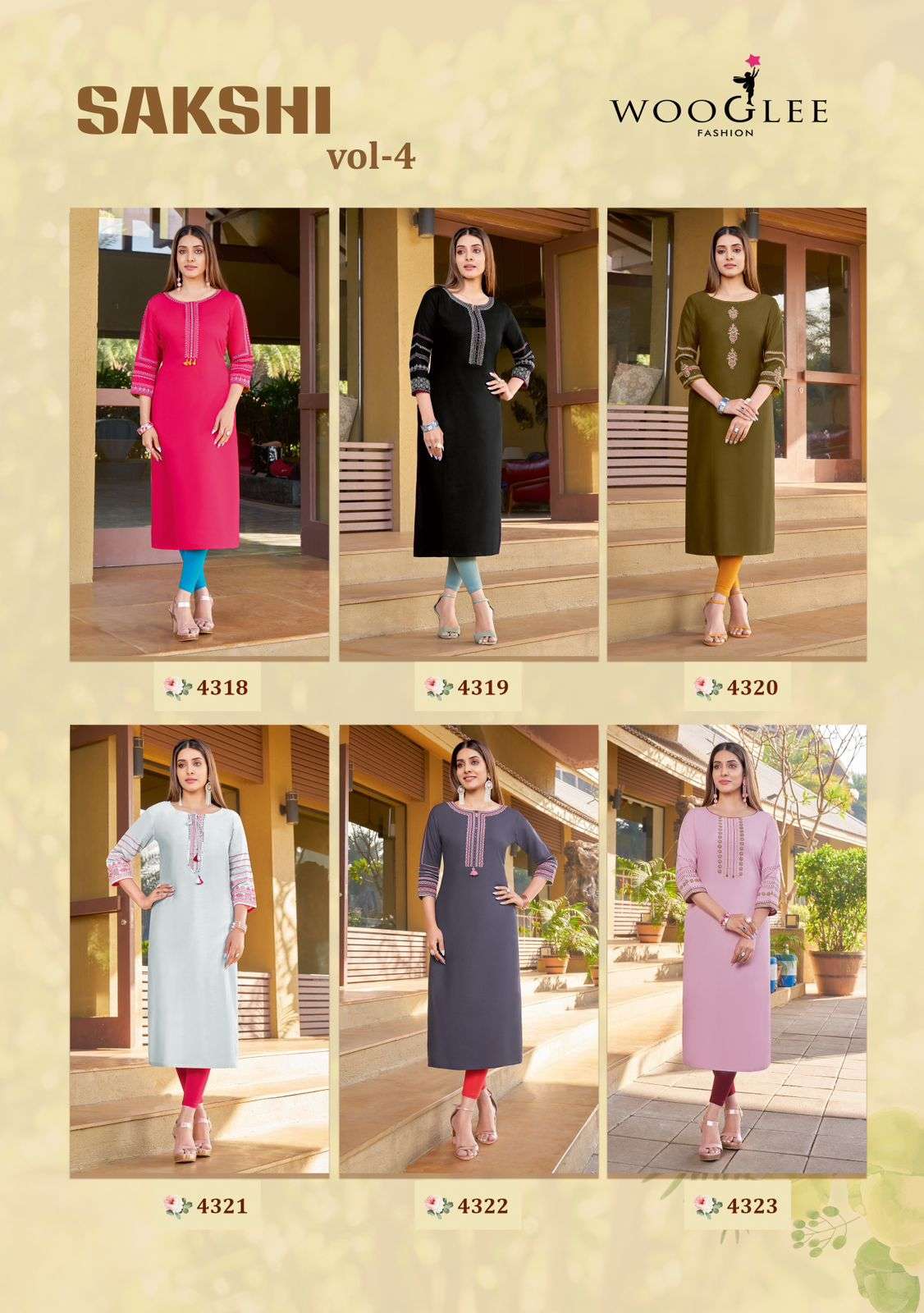 wooglee sakshi vol-4 4318-4323 series designer fancy kurti wholesaler surat gujarat
